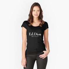 a woman wearing a black shirt with the words eddaa on it