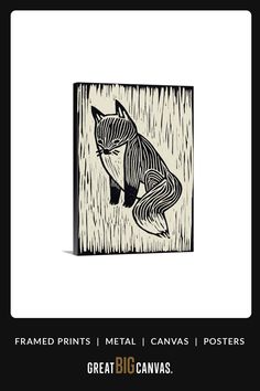 a black and white drawing of a cat sitting on top of a piece of wood