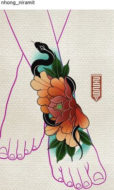 the foot with flowers on it is drawn in pink and orange colors, as well as an image of a snake