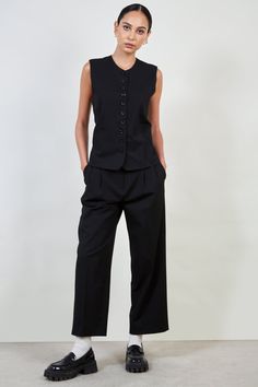 - Fit: True to size- Materials: 65% polyster, 35% rayon- Thickness: Moderate- Sheerness: None- Stretch: None- Lining: None- Care: Dry clean or hand wash cold and dry in shade Tomboy Wedding Outfit, Nonbinary Wedding Outfit, Elegant Pants Suits, Black And White Suit, Woman In Suit, Black Waistcoat, Jeans Uk, Tailored Suit, Office Wear Women