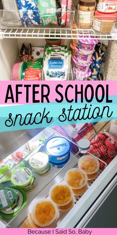 an open refrigerator door with snacks in it and the words after school snack station below