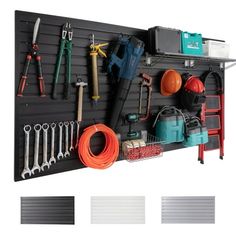 a tool rack with tools hanging on the wall