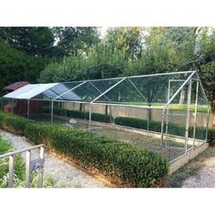 a large green house sitting in the middle of a lush green field next to trees