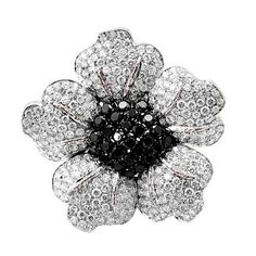 A beautiful floral design brooch set with round black diamonds surrounded by round, brilliant-cut white diamonds. A double clip pin back. Stamped 750 Diamond Jewellery Set, Brooch Design, Designer Diamond Jewellery, Silver Wedding Ring, Moissanite Diamond Rings, Dream Gift, Black Diamond Ring, Diamond Brooch, Diamond Cocktail Rings