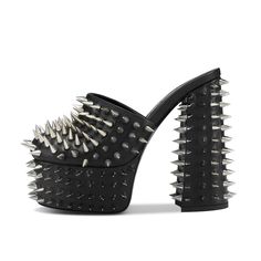 TAAFO Black Rivet Studded Closed Thick High Heel Platform Mules Shoes For Women Spike Heels 96.00 taafo Trendy Black Heels With Metal Feet, Punk Style Synthetic Heels For Spring, Black Punk Pointed Toe Heels, Black Pointed Toe Punk Heels, Black Punk Heels With Pointed Toe, Spring Punk Synthetic Heels, Black Punk Closed Toe Heels, Black Closed Toe Punk Heels, Black Punk Heels With Closed Toe