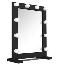 a black vanity mirror with lights on it