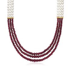 Ross-Simons - 4.5-5mm Cultured Pearl, 160.00ct t. w. Ruby Bead Necklace, Gold Over Sterling. 18". Elegant and unique, this striking necklace is stylishly split between 4.5-5mm cultured freshwater semi-baroque pearls and 160.00 ct. t. w. rondelle ruby beads. Finishes with an 18kt yellow gold over sterling silver lobster clasp and 2" extender, plus two stations that highlight the meeting of these marvelous gems. Graduates from 3/8" to 5/8" wide. Ruby bead and white pearl necklace. Pearl birthstone Pearl Birthstone, Ruby Beads, White Pearl Necklace, Necklace Pearl, Sterling Jewelry, Baroque Pearls, White Pearl, Cultured Pearls, Bead Necklace