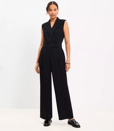 Petite Crepe Lapel Jumpsuit Sleek V-neck Jumpsuits And Rompers For Work, Chic V-neck Business Casual Pantsuit, Elegant Tailored Sleeveless Jumpsuits And Rompers, Tailored Sleeveless Jumpsuits And Rompers For Formal Occasions, Sleeveless Fitted Jumpsuits And Rompers For Formal Events, Chic Career Pantsuit With Lapel Collar, Chic Tailored Sleeveless Pantsuit, Chic Sleeveless Office Jumpsuits And Rompers, Chic Sleeveless Jumpsuits For Office