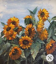 an oil painting of sunflowers in a vase