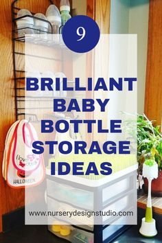 the words brilliant baby bottle storage ideas are in blue and white with green plants on top