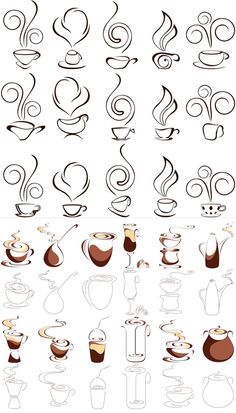 coffee cups and saucers with swirly lines on them, all in different shapes