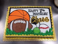 a birthday cake decorated with an image of a football, basketball ball and the words happy birthday chase