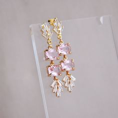 "Pink Earrings // Art Deco Earrings // Fan Earrings // Statement Earrings // Boho Bridal Earrings // Bridesmaids Earrings // Pink Wedding // Birthday Gift Gorgeous pink earrings created with faceted light pink glass and accented with cubic zirconia for added sparkle. These art deco inspired statement earrings are created with gold plated sterling silver earring posts and gold plated butterfly clutches. Whether searching for the perfect pink wedding earrings for your special day or for your next Delicate Dangle Crystal Party Earrings, Delicate Dangle Crystal Earrings For Party, Pink Elegant Clip-on Earrings For Anniversary, Handmade Pink Crystal Earrings For Wedding, Delicate Dangle Earrings For Party, Elegant Pink Clip-on Earrings For Anniversary, Handmade Rose Gold Bridal Earrings For Wedding, Elegant Pink Dangle Linear Earrings, Handmade Pink Bridal Earrings For Wedding