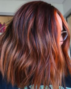 Shattered Red Lob with Black Lowlights Red With Lowlights Dark, Black Lowlights In Red Hair, Bright Red Hair With Lowlights, Dark Root Red Balayage, Dark Red Lowlights, Red Low Lights For Brown Hair, Red Hair With Lowlights, Pinkish Brown Hair, Auburn Lowlights