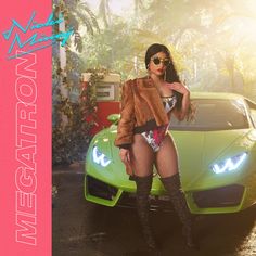 a woman standing next to a green sports car in front of a pink background with the words neon nation written on it