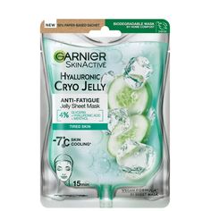 Encourage the illusion of a dewy, wide-awake complexion with Garnier’s Anti-Fatigue Cryo Jelly Face Mask. Imparting a cooling sensation, the ultra-refreshing formula delivers up to 24 hours of moisture, while helping to minimise the appearance of dark circles and puffiness.  The mask is enriched with a blend of hyaluronic acid and glycerin, working to protect against dryness and nourish the skin barrier function. Complete with menthol for a soothing effect, the promotes a visibly plumper finish.  Vegan and certified cruelty-free. Jelly Face Mask, Garnier Skinactive, Garnier Skin Active, Beauty Mask, Sheet Mask, The Mask, Kylie Cosmetics, Xanthan Gum, Face Care