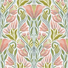 an abstract floral pattern in pink, green and white