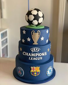 a cake made to look like a soccer ball on top of a stack of stacked cakes