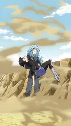 an anime character carrying another character in the desert