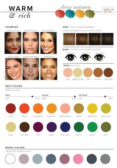 Best & Worst Colors for Autumn, Seasonal Color Analysis Deep Autumn Palette, Deep Autumn Color Palette, Autumn Skin, Deep Winter Colors, Clear Spring, Mode Tips, Deep Autumn, Seasonal Color Analysis, Skin Color Palette