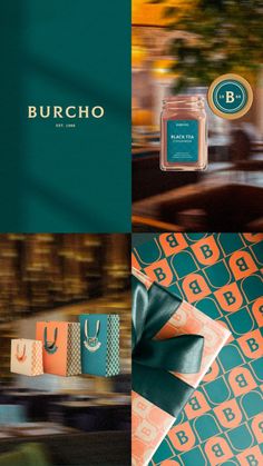 an advertisement for burcho is shown in three different colors and patterns, including oranges, teal, and blue