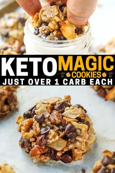 a person scooping some food out of a jar with the title keto magic cookies just over 1 carb each