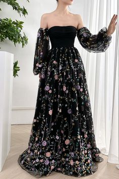 Long Sleeve Evening Dress With Floral Embroidery For Banquet, Elegant Long Sleeve Evening Dress With Floral Embroidery, Formal Long Sleeve Evening Dress With Floral Embroidery, Embroidered Long Sleeve Evening Dress, Floor-length Embroidered Sleeve Party Dress, Black Dresses With Floral Embroidery For Banquet, Fitted Evening Dress With Embroidered Sleeves, Long Sleeve Embroidered Prom Dress, Glamorous Long Sleeve Dress With Intricate Embroidery