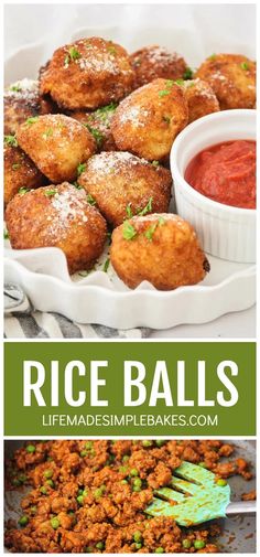 rice balls with dipping sauce on the side and an image of fried food in a bowl