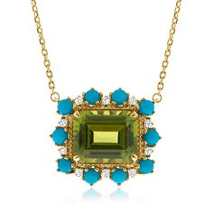 Ross-Simons - 3.80ct Peridot, .30ct t. w. Diamond Necklace, Turquoise. 16". Take this creatively cool necklace as an opportunity to refresh your look for the upcoming season! The 3.80 carat emerald-cut peridot is accentuated by an eye-catching frame of 2.5mm round stabilized turquoise cabochons and shimmering .30 ct. t. w. round brilliant-cut diamonds with milgrain detailing. Crafted in 14kt yellow gold. Suspends from a cable chain with a 2" extender. Lobster clasp, diamond and peridot necklace. Fine Jewelry Green Necklaces With Gemstone Accents, Fine Jewelry Green Multi-stone Necklace, Green Multi-stone Fine Jewelry Necklace, Green Multi-stone Fine Jewelry Necklaces, Turquoise Color Scheme, Cool Necklace, Peridot Birthstone, August Birthday, Peridot Necklace