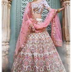 Heavy Indian Traditional Lehenga Hand Made Embroidery Transitional White Choli With Intricate Embroidery, Elegant Fitted Traditional Wear With Meenakari Details, Elegant Fitted Traditional Wear With Meenakari, Designer Silver Embroidered Dupatta, Designer Embroidered Silver Dupatta, Silver Traditional Wear With Intricate Embroidery, Fitted, Designer White Sets With Floral Embroidery, Fitted Silver Traditional Wear With Intricate Embroidery, White Silk Embroidered Lehenga