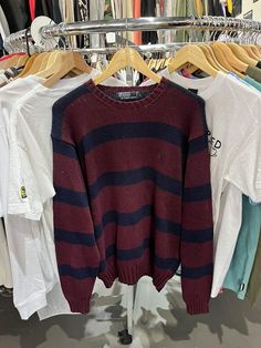 Polo Ralph Lauren Vintage 90s Striped Maroon/Navy Pullover Sweater Size Large Please View All Pictures to Judge Condition and Flaws; Width: 21" Length: 29" All Sales Are Final! Feel free to message us at any questions or concerns. Thank you! Retro Crew Neck Sweater For Fall, Navy Winter Sweater For Streetwear, 90s Style Cotton Sweater For Fall, Navy Casual Crew Neck Sweater, Navy Casual Sweater For Streetwear, Casual Navy Sweater For Streetwear, Vintage Navy Top For Fall, Navy Retro Top For Fall, 90s Crew Neck Winter Sweater