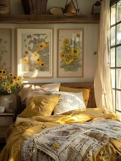 the sun shines brightly through the window onto a bed with yellow sheets and pillows