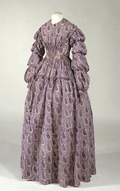 Circa 1850 Summer Dress, printed cotton and linen, lined. 1850s Dress, Victorian Purple, 1850s Fashion, Civil Wars, Dresses Printed, Purple Gowns, Period Clothing