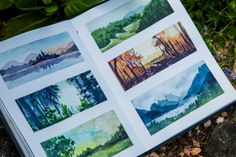 an open book with watercolors on it sitting on the ground next to some plants