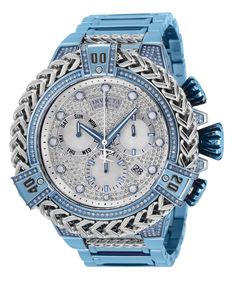 This eye-catching Invicta watch from the Reserve collection is powered by a Quartz movement, 2.2638 carats of genuine diamonds, and a solid light blue, steel case. Its face is decorated by a silver, white metal, pave, mother of pearl, oyster dial, and protected by a sturdy Flame Fusion Crystal. A light blue, silver stainless steel band completes this timepiece that can resist water for up to 200m.The exceptional taste and distinguished palette of the connoisseur will discover timeless pleasure w Blue Diamond Watch With Round Dial, Blue Diamond Watches For Formal Occasions, Formal Blue Diamond Watches, Blue Diamond Watch With Subdials, Blue Diamond Watch With Round Subdials, Blue Chronograph Diamond Watch For Formal Occasions, Formal Blue Chronograph Diamond Watch, Blue Diamond Chronograph Watch With Round Dial, Erica Mena