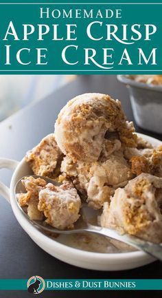 homemade apple crisp ice cream on a white plate with a spoon in front of it