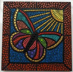 a painting made out of bottle caps with a butterfly on it