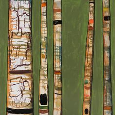 four birch trees painted in different shades of green