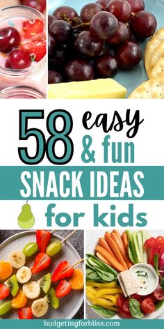 the words, easy and fun snack ideas for kids are shown in this collage