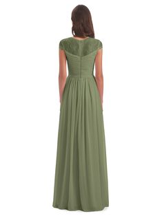 a woman in a long green dress looking down at the back of her head and shoulders