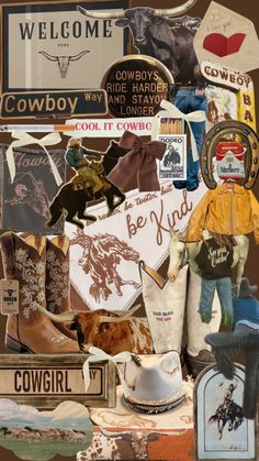 a collage of cowboy related items including hats, boots and other things