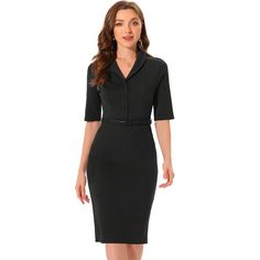 This sheath dress features a timeless and sophisticated design that never goes out of style. Its clean lines and tailored silhouette give it a polished and professional look, making it suitable for various business occasions. With its versatile design, this dress can easily transition from day to night. Pair it with heels and accessories for a formal business event. Fit for an office outfit. Business Casual Dress, Business Event, Casual Dress Black, Office Outfit, Business Casual Dresses, Formal Business, Sophisticated Design, Office Outfits, Shawl Collar