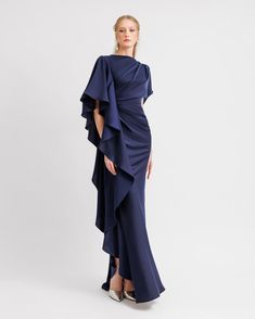 Asymmetrical Ruffled Draped Navy Dress Royal Wedding Outfits Guest, Modern Evening Dress, Royal Blue Dresses For Wedding, Long Sleeve Gala Dress, Two Tone Dresses, Navy Blue Outfit Ideas, Ruffle Dress Long Sleeve, Plus Size Fancy Dresses, Satin Drape Dress