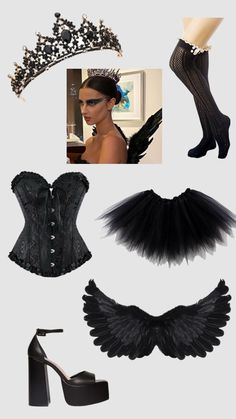 black corset, high heeled shoes, and tiara are featured in this image