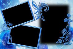 three frames with blue flowers and leaves on the bottom one is black, the other is light blue