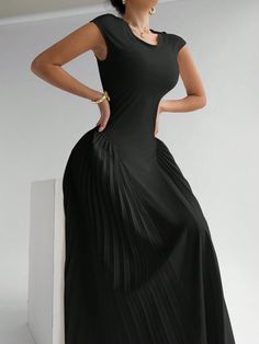 Women's Elegant Pleated A-Line Black Long Dress Black Elegant  Sleeveless Knitted Fabric Plain A Line High Stretch  Women Clothing, size features are:Bust: ,Length: ,Sleeve Length: Elegant Full-length Black Legwear, Black Floor-length Elastane Dress, Black Stretch Full-length Dress, Black Floor-length Elegant Chiffon Dress, Luxury Black Floor-length Maxi Dress, Long Dress Black, Camouflage Dress, Black Long Dress, Casual Short Sleeve Dress