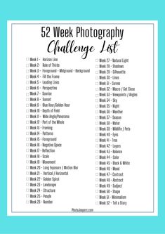 the 52 week photography challenge list is shown in black and white, with blue background