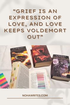 some books are laying on top of each other with the caption that reads,'great is an expression of love and love keeps voldemort out