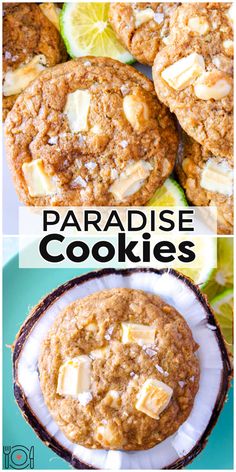 two pictures of cookies with coconuts on top and the words paradise cookies above them