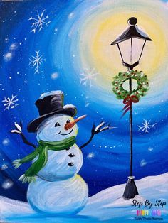 a painting of a snowman holding a christmas wreath next to a street light with the moon in the background